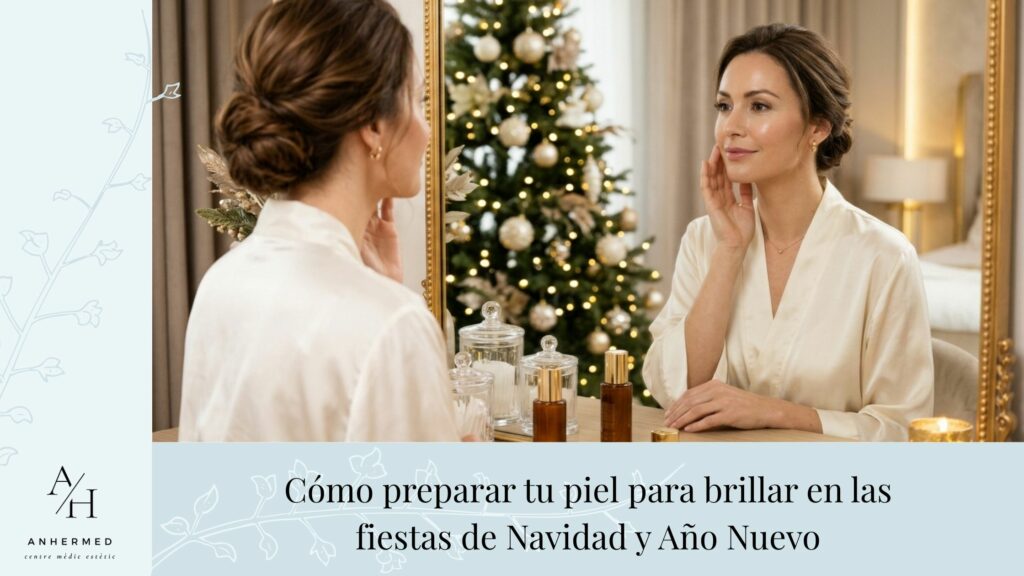 Mujer con piel luminosa y cuidada para las fiestas de Navidad y Año Nuevo.
